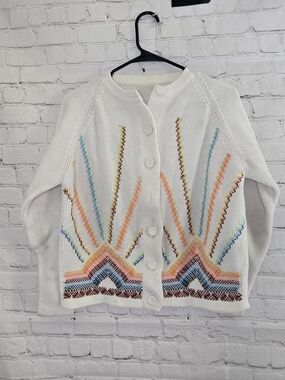 Unbranded 70s Hand Embroidered Stich Led Cardigan Button Up Rainbow Sunrise M L